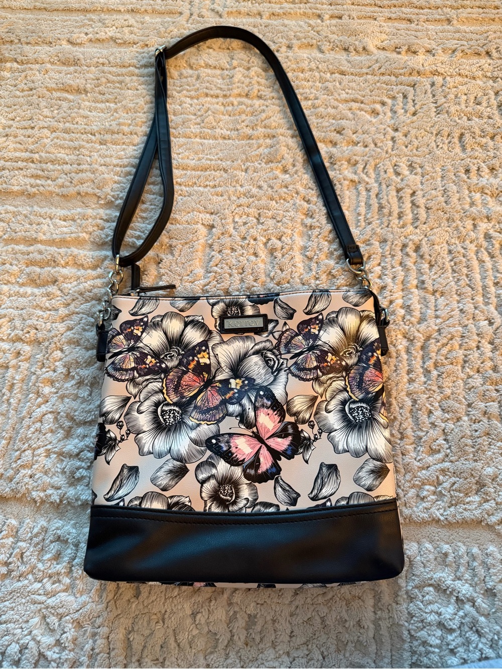 Koltov Floral Butterfly Crossbody Bag in Cream and Black